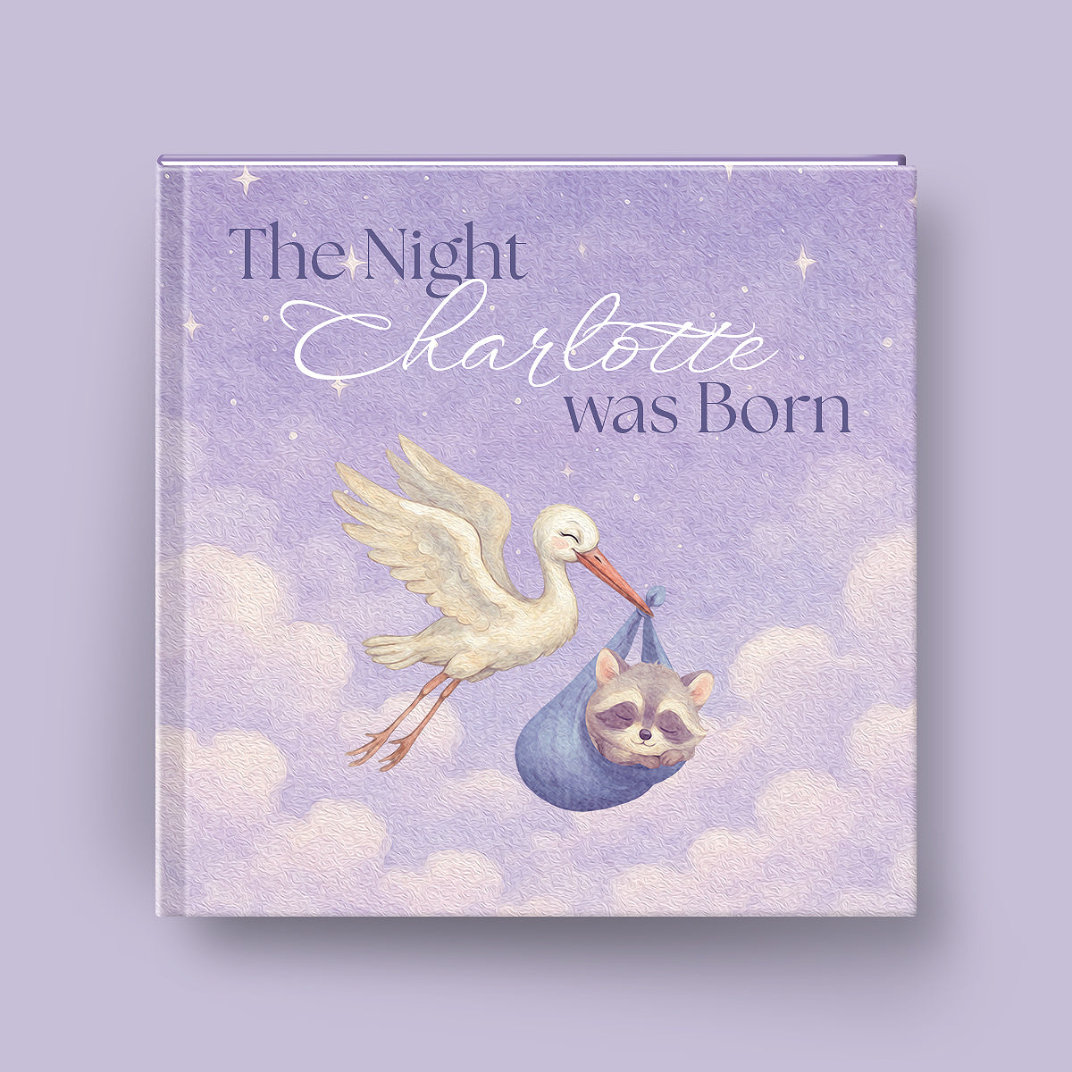 Book titled 'The Night Charlotte was Born' with a stork carrying a baby raccoon illustration on a purple background.
