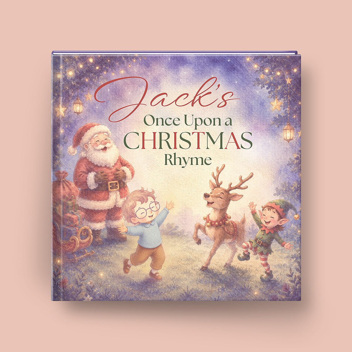 A hardcover children's book titled 'Jack's Once Upon a Christmas Rhyme' featuring a festive illustrated cover with Santa Claus, children, an elf, and a reindeer on a purple-blue snowy background, shown against a solid peach backdrop.