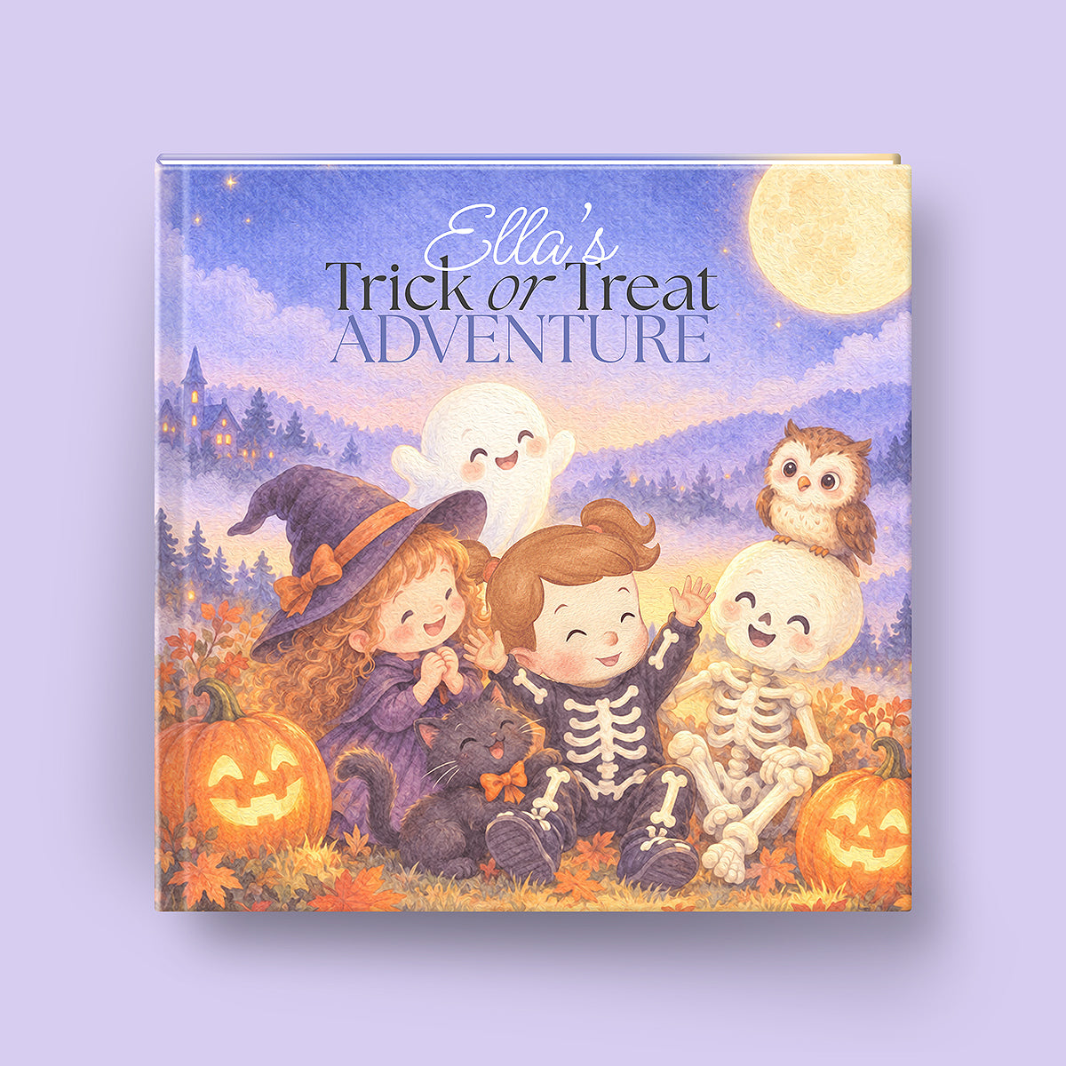 Children's book with text "Ella's Trick or Treat Adventure"