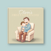 Book cover with illustration of a father and child on Father's Day, on a light blue background.