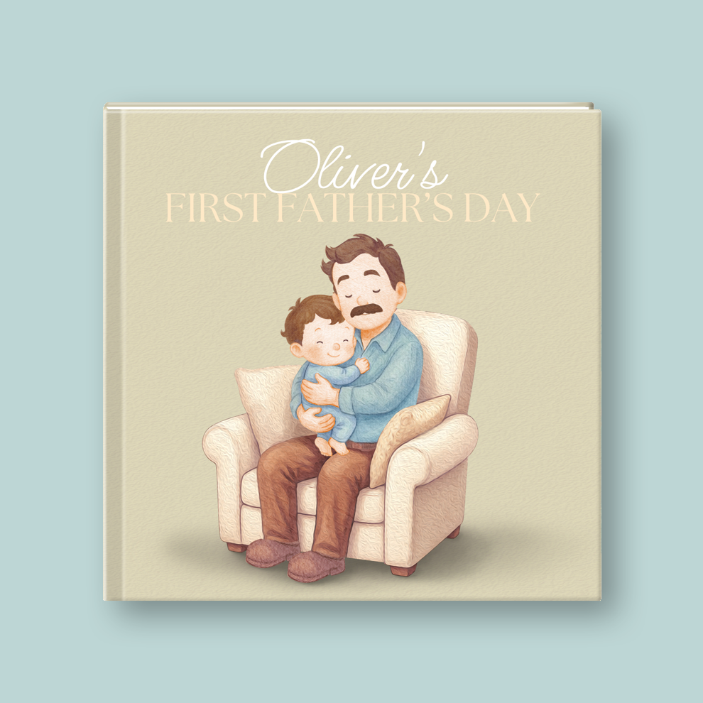 Book cover with illustration of a father and child on Father's Day, on a light blue background.